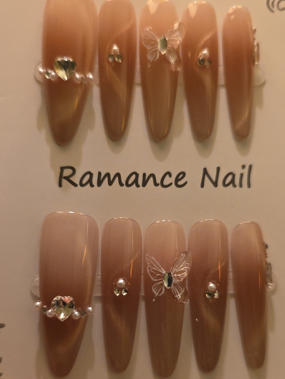 Women's Nude Pink Press-On Nail Set with Butterfly Accent Size Large